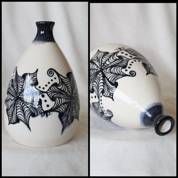Porcelain ceramic decorative Bottle hand painted black zentangle flowers signed - Picture 1 of 8